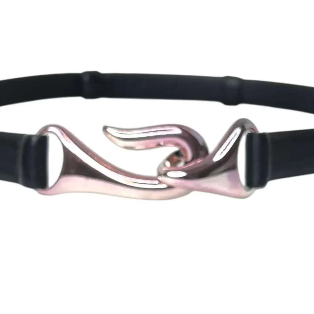 CHICO'S Genuine Leather Belt Black Silver Hook Buckle Elastic Waist Medium Large